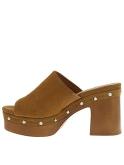 Nu-pieds en cuir nubuck tressé caramel à semelle aspect boisé et talon haut
