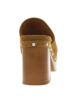 Nu-pieds en cuir nubuck tressé caramel à semelle aspect boisé et talon haut