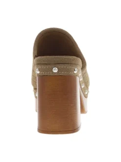 Nu-pieds en cuir nubuck tressé taupe à semelle aspect boisé et talon bloc haut