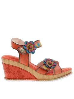 Nu-pieds en cuir orange à semelle compensé et à bandes auto-agrippantes