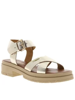 Nu-pieds en cuir or à semelle décrochée bas et à boucle à ardillon