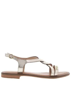 Nu-pieds en cuir or à semelle à talon décroché bas et avec une boucle à ardillon