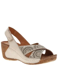 Nu-pieds en cuir or à talon compensé haut et à bande auto-agrippante