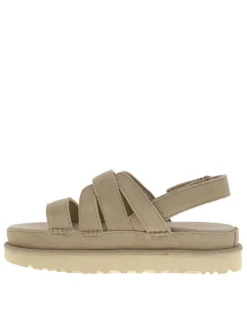Nu-pieds en cuir sable à semelle compensé et à bande auto-agrippante
