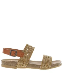 Nu-pieds en cuir sable à semelle marron plate avec à boucle à ardillon et strass