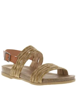 Nu-pieds en cuir sable à semelle marron plate avec à boucle à ardillon et strass