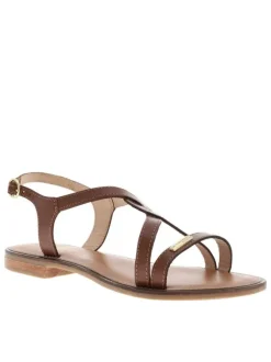Nu-pieds en cuir tan à semelle plate et une fermeture à boucle à ardillon