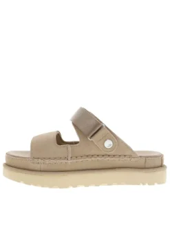 Nu-pieds en cuir taupe à semelle plateau et à bande auto-agrippante