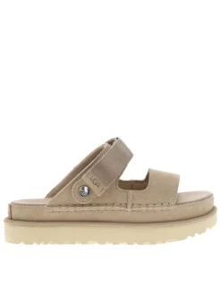 Nu-pieds en cuir taupe à semelle plateau et à bande auto-agrippante