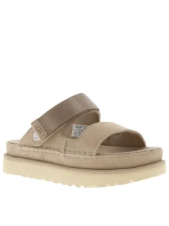 Nu-pieds en cuir taupe à semelle plateau et à bande auto-agrippante