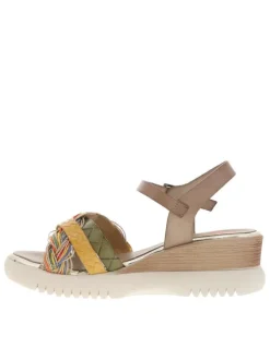 Nu-pieds en cuir taupe à talon compensé avec lanières multicolores