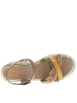 Nu-pieds en cuir taupe à talon compensé avec lanières multicolores