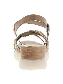 Nu-pieds en cuir taupe à talon compensé avec lanières multicolores