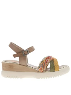 Nu-pieds en cuir taupe à talon compensé avec lanières multicolores