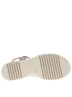 Nu-pieds en cuir taupe à talon compensé avec lanières multicolores