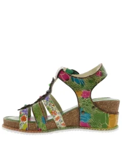 Nu-pieds en cuir verts à fleurs avec talon compensé et bande auto-agrippante