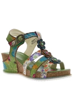 Nu-pieds en cuir verts à fleurs avec talon compensé et bande auto-agrippante