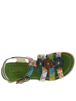 Nu-pieds en cuir verts à fleurs avec talon compensé et bande auto-agrippante