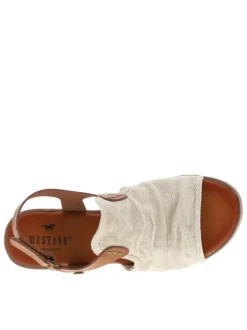 Nu-pieds en jean et simili cuir beige à talon plat et à bande auto-agrippante
