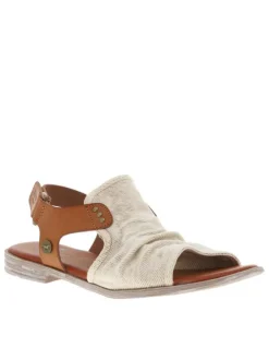 Nu-pieds en jean et simili cuir beige à talon plat et à bande auto-agrippante