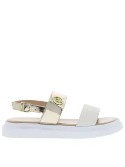 Nu-pieds en simili cuir doré à semelle plate et boucle à ardillon élastiquée