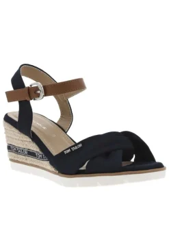 Nu-pieds en textile bleu marine à semelle cordée compensée et boucle à ardillon