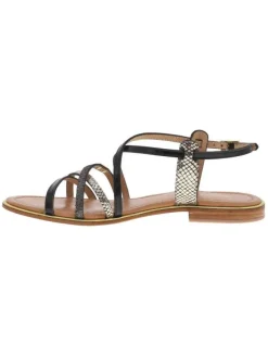 Nu-pieds femme tout en cuir noir effet peau de serpent à semelle plate