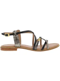 Nu-pieds femme tout en cuir noir effet peau de serpent à semelle plate