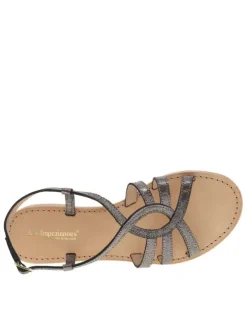 Nu-pieds femme tout en cuir noir effet peau de serpent à semelle plate