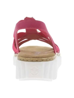 Nu-pieds fuchsia à talon semi-compensé avec brides élastiquée