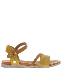 Nu-pieds jaunes et marron avec boucle à ardillon et détails métalliques dorés