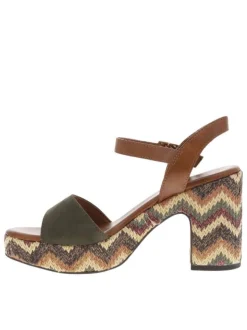 Nu-pieds kaki et marron à talon décroché haut avec une boucle à ardillon