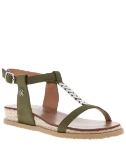 Nu-pieds kaki à talon semi-compensé, à boucle à ardillon, semelle cordée