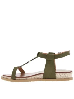Nu-pieds kaki à talon semi-compensé, à boucle à ardillon, semelle cordée
