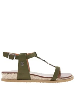 Nu-pieds kaki à talon semi-compensé, à boucle à ardillon, semelle cordée