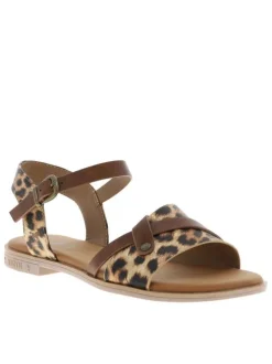 Nu-pieds léopard à semelle plate avec une fermeture à boucle à ardillon