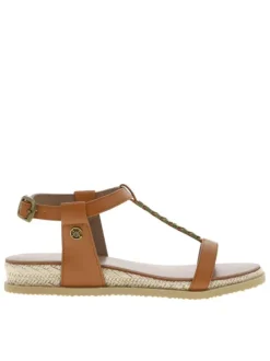 Nu-pieds marron à talon compensé bas avec boucle et détails métalliques