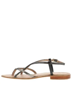 Nu-pieds Monaco en cuir noirs et dorés avec talon plat et entre-doigt
