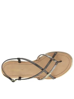 Nu-pieds Monaco en cuir noirs et dorés avec talon plat et entre-doigt