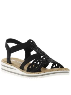 Nu-pieds noirs avec un talon compensé bas et des bandes élastiquées