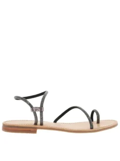 Nu-pieds noirs avec un talon plat des strass et un entre-doigt