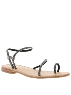 Nu-pieds noirs avec un talon plat des strass et un entre-doigt