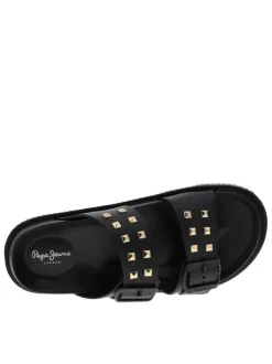 Nu-pieds noirs avec un talon plat et 2 boucles à ardillon avec clous