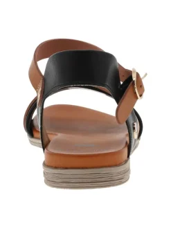 Nu-pieds noirs et camel à talon plat avec une boucle à ardillon
