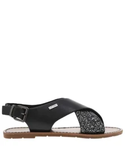 Nu-pieds noirs et à glitter argent, à semelle plate et première pur cuir