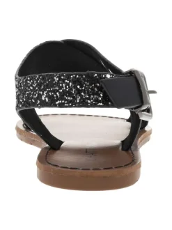Nu-pieds noirs et à glitter argent, à semelle plate et première pur cuir
