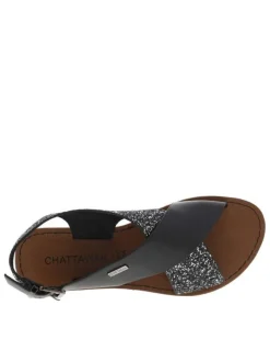 Nu-pieds noirs et à glitter argent, à semelle plate et première pur cuir
