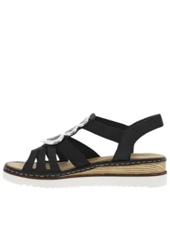 Nu-pieds noirs à semelle blanche compensée basse et à bandes élastiquées