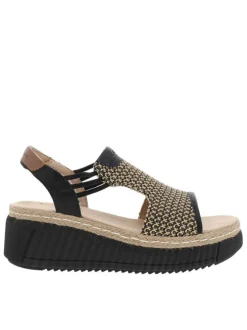 Nu-pieds noirs à semelle compensée avec des soufflets élastiqués
