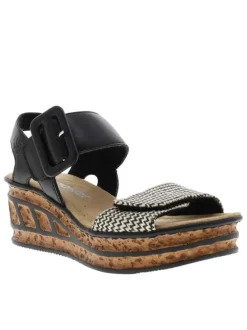 Nu-pieds noirs à semelle compensée haute et à boucle à ardillon